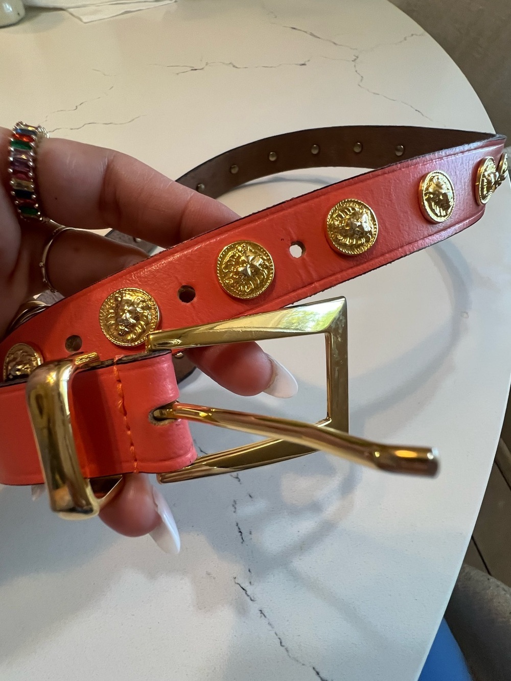 The Limited Belt Gold Lion Medallion Coral Leather Studded Belt Small S preloved